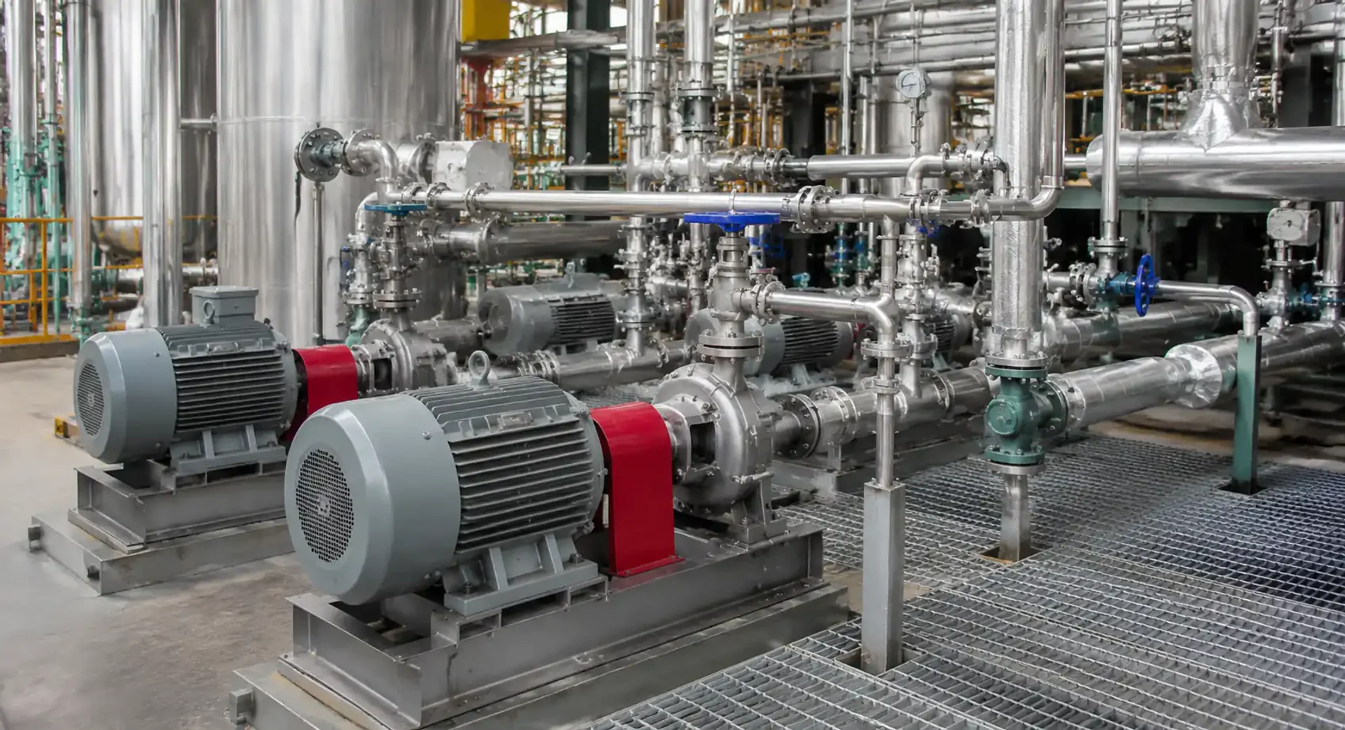 Chemical processing plant pump system with stainless steel piping and instruments